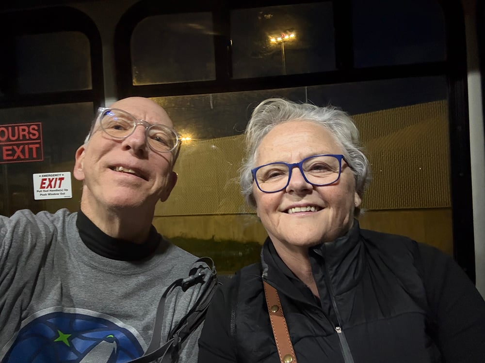 Susan & James on airport shuttle to hotel