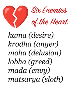 Broken heart in upper left. List of six enemies of the heart in Sanskrit and English in parentheses